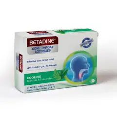 Opakowanie pastylek na ból gardła Betadine z wizerunkiem głowy i gardła.
