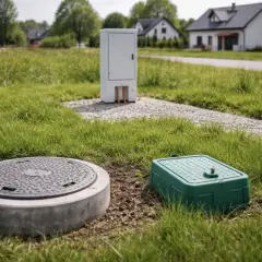 Działka z przyłączami i domami w tle. Nieruchomość gruntowa z infrastrukturą techniczną.