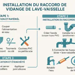 Schéma d'installation du raccord de vidange évier et lave-vaisselle. Étapes de préparation, raccordement et vérification.
