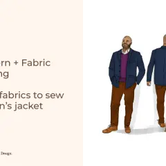 Illustration of men's jacket fabric types, showing front and back views of a man in a navy jacket, purple sweater, and brown pants.