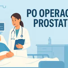 Lekarka rozmawia z pacjentem po prostatektomii radykalnej. W tle kroplówka i monitor.