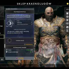 Kratos w grze God of War przegląda ekwipunek w sklepie Krasnoludów, analizując statystyki Pasa Pradawnych.