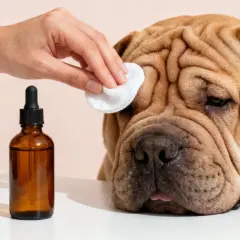 Una mano limpia los ojos de un adorable perro shar pei, uno de los muchos perros arrugados que necesitan cuidados especiales.