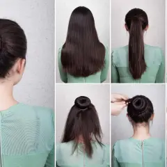 Pasos para crear un moño alto elegante. Cabello recogido en coleta, enrollado y asegurado con horquillas.