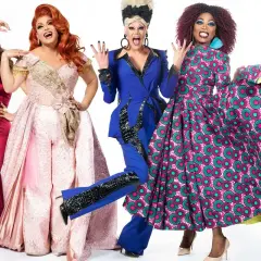 Cztery drag queen w barwnych strojach pozują do zdjęcia na białym tle.