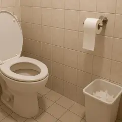 Zatkany kibel, a kret nie pomaga. W łazience stoi biała muszla klozetowa z otwartą klapą, obok kosz na śmieci z pogniecionym papierem.