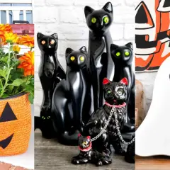 Charming Halloween decorations on the cheap: a jack-o'-lantern planter, a coven of black cats, and a friendly ghost.
