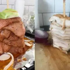 Dwa etapy przygotowania: surowy kurczak na szpikulcu z cebulą i gotowy, pokrojony kebab. Idealne, by dowiedzieć się, jak odgrzać kebaba.