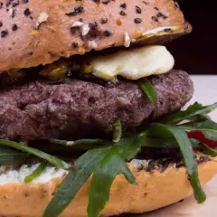 Un délicieux burger agneau, garni de roquette fraîche et d'une sauce crémeuse, prêt à être dégusté.