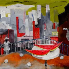 A rooftop scene by Rufino Tamayo, with a figure looking through a telescope at a city skyline, reminiscent of the moon and sun.