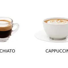 En liten macchiato i glas och en större cappuccino med lattekonst i vit kopp.