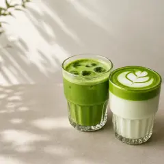 Dwa orzeźwiające napoje: jeden z kostkami lodu, drugi z pianką i wzorem. Idealne, by dowiedzieć się, jak zrobić matcha latte.