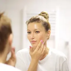 Donna si applica un siero sul viso, chiedendosi quanti sieri si possono usare insieme per una pelle luminosa.