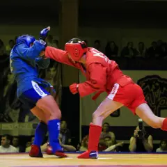 Två brottare i röd och blå dräkt utövar combat sambo. Den röda brottaren slår mot den blå.