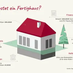 Illustration eines Hauses mit Kostenaufschlüsselung für Hauspreis, Grundstück, Außenanlage und Keller.