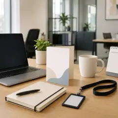 Biurko gotowe na pierwsze dni w nowej pracy: laptop, notatnik, długopis, kubek, kalendarz i karta identyfikacyjna.