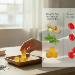 Herbitussin: żółte kostki z imbirem i miętą obok tradycyjnych czerwonych pastylek.