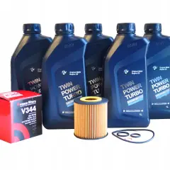 Butelki oleju silnikowego BMW Twin Power Turbo, filtr oleju Vasco Filters V344 i uszczelki.