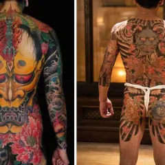 Zwei Männer mit beeindruckenden Ganzkörper-Tattoos im japanischen Tattoo Stil. Links ein gelbes Dämonengesicht mit roten Augen, rechts eine Maske mit Koi-Karpfen und Kirschblüten.