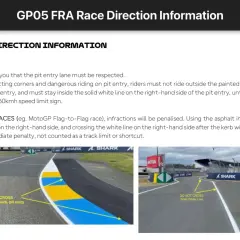 Dos imágenes de la entrada al pit lane de MotoGP. Una muestra la curva con marcas amarillas y azules, la otra la salida del pit lane con una línea blanca.