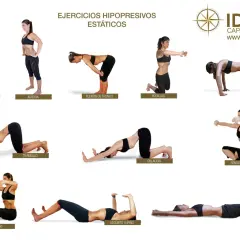 Secuencia de ejercicios hipopresivos estáticos para hacer en casa, mostrando diversas posturas como Alba, Aurora, Flexión de Tronco, Rodillas, Cuadrupedia, Triángulo, Oblación, Sentado Sastre, Sentado, Decúbito Supino y Supremo.