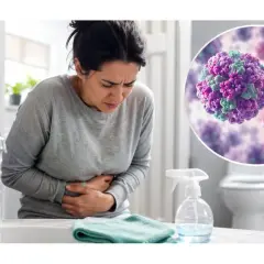 Donna con dolori addominali, immagine di virus e bagno. Quanto dura la gastroenterite?