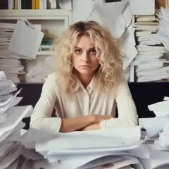 Zmęczona kobieta siedzi przy biurku zasypanym papierami. Jej wyraz twarzy sugeruje nienormowany czas pracy i przytłoczenie obowiązkami.