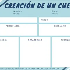 Plantilla cuento primaria para organizar ideas: título, personajes, escenario, inicio, desarrollo y desenlace.