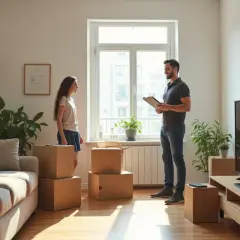 Mężczyzna z notatnikiem rozmawia z kobietą w mieszkaniu z kartonami. Może to być rozmowa o tym, co to jest kaucja przy wynajmie.