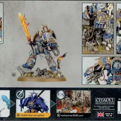 Roboute Guilliman w złotej zbroi z płonącym mieczem, gotowy do walki. Obok warianty malowania i sceny bitewne.