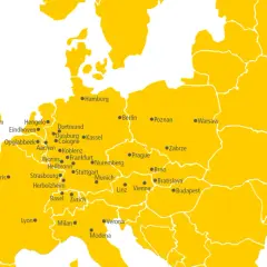Karte Europas mit markierten DHL Freight Standorten in Städten wie London, Paris, Berlin, Wien und Budapest.