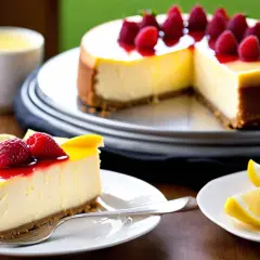 Une part de cheesecake crémeux, garnie de framboises et de coulis, parfaite pour une recette de cheesecake réussie.
