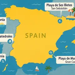 Mapa Hiszpanii z zaznaczonymi plażami w różnych regionach: Playa de Bolonia, Playa de las Catedrales, Playa de Ses Illetes, Playa de Maspalomas.