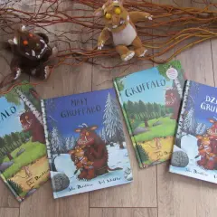 Pluszowe Gruffalo i książki: "Gruffalo", "Mały Gruffalo", "Dziecko Gruffalo".