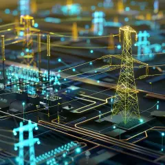 Futurystyczny **grid** energetyczny, gdzie linie przesyłowe i wieże przypominają obwody drukowane.