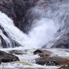 La cascada más grande de Galicia, Ézaro, desciende con fuerza por rocas grises, creando una nube de vapor sobre el río caudaloso.