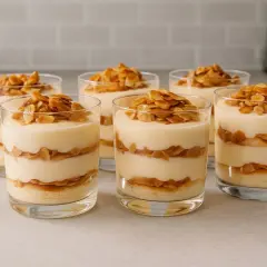 Sechs Gläser mit cremigem Nachtisch im Glas, geschichtet mit Keksen und garniert mit karamellisierten Mandelblättchen.