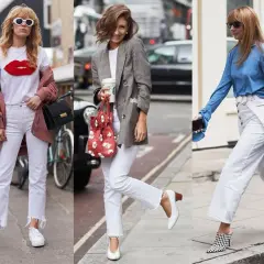Trzy kobiety prezentują białe spodnie w różnych stylizacjach: z t-shirtem i kurtką, z marynarką i torebką, oraz z błękitną bluzką i modnymi butami.