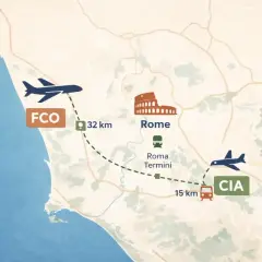 Mapa pokazuje lotniska we Włoszech: FCO (32 km od Rzymu) i CIA (15 km od Rzymu).