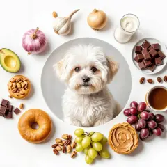 Bichón maltés adorable rodeado de alimentos prohibidos: chocolate, uvas, aguacate, ajo, cebolla, café, lácteos y frutos secos.