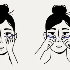 Illustration montrant comment se masser le visage, avec des flèches bleues indiquant les mouvements sous les yeux.
