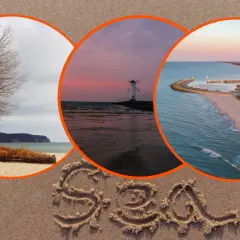 Trzy widoki na morze w okolicach Koszalina: plaża z drzewem, latarnia morska o zachodzie słońca i port. Słowo "morze" napisane na piasku.