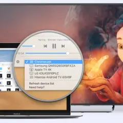 Learn how to connect MacBook to Samsung TV. A pop-up shows Chromecast options, including a Samsung TV, for screen mirroring.