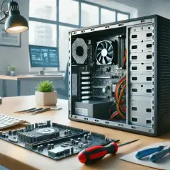 Ein offener PC-Tower, eine Hauptplatine, Werkzeuge und eine Schreibtischlampe auf einem Holztisch. Bereit, die festplatte smart auslesen.