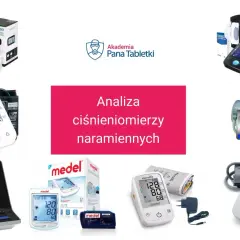 Kolaż zdjęć różnych ciśnieniomierzy naramiennych, w tym marek Omron, Rossmax, Medel, Braun, Tech-Med, Novama i Microlife.