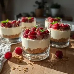 Zeinas cheesecake i glas med hallon och mynta, en perfekt sommardessert.