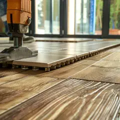 Pose d'un nouveau **plancher bois** avec un outil de pose. Les lames s'emboîtent sur des supports.