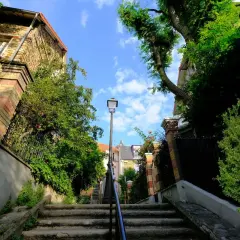 Escalier verdoyant à Paris, une invitation à une activité insolite loin des foules. Un chemin secret sous le ciel bleu.