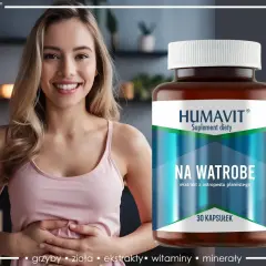 Uśmiechnięta kobieta z dłońmi na brzuchu obok suplementu diety Humavit na wątrobę. Sanohepatic wspiera ochronę wątroby.