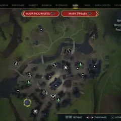 Mapa Hogsmeade z zaznaczonymi ikonami, w tym strony przewodnika.